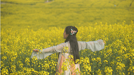 自然实拍田园油菜花汉服美女4K