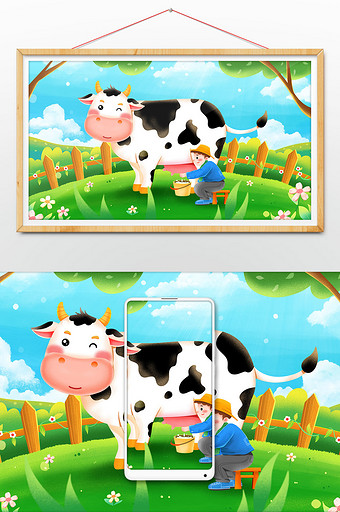 清新可爱国际牛奶日挤牛奶插画图片
