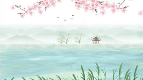 桃花水墨山水唯美动态水面背景视频ae模板