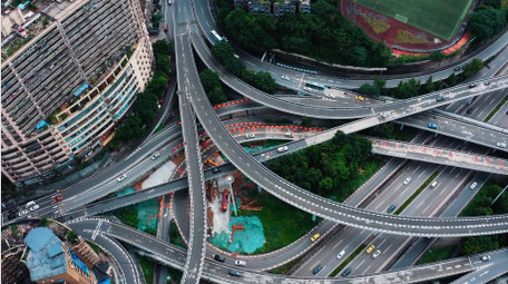 城市交通震撼复杂立交桥车流航拍