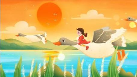 秋天唯美清新卡通骑大雁的女孩循环背景视频