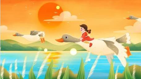 秋天唯美清新卡通骑大雁的女孩循环背景视频