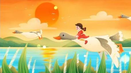 秋天唯美清新卡通骑大雁的女孩循环背景视频