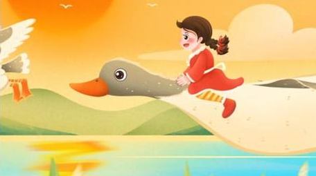 秋天唯美清新卡通骑大雁的女孩循环背景视频