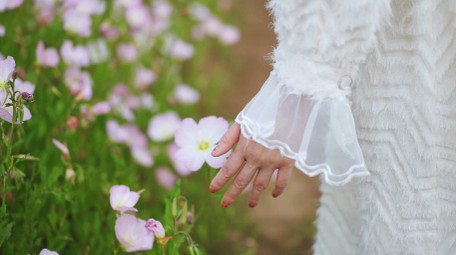 唯美清新美女花丛中散步人物背影实拍