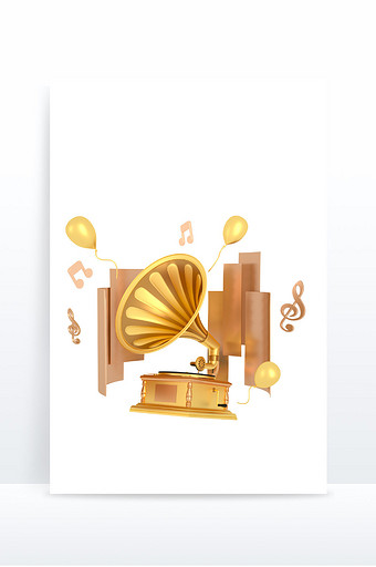 金色质感C4D音乐留声机唱片3D元素图片
