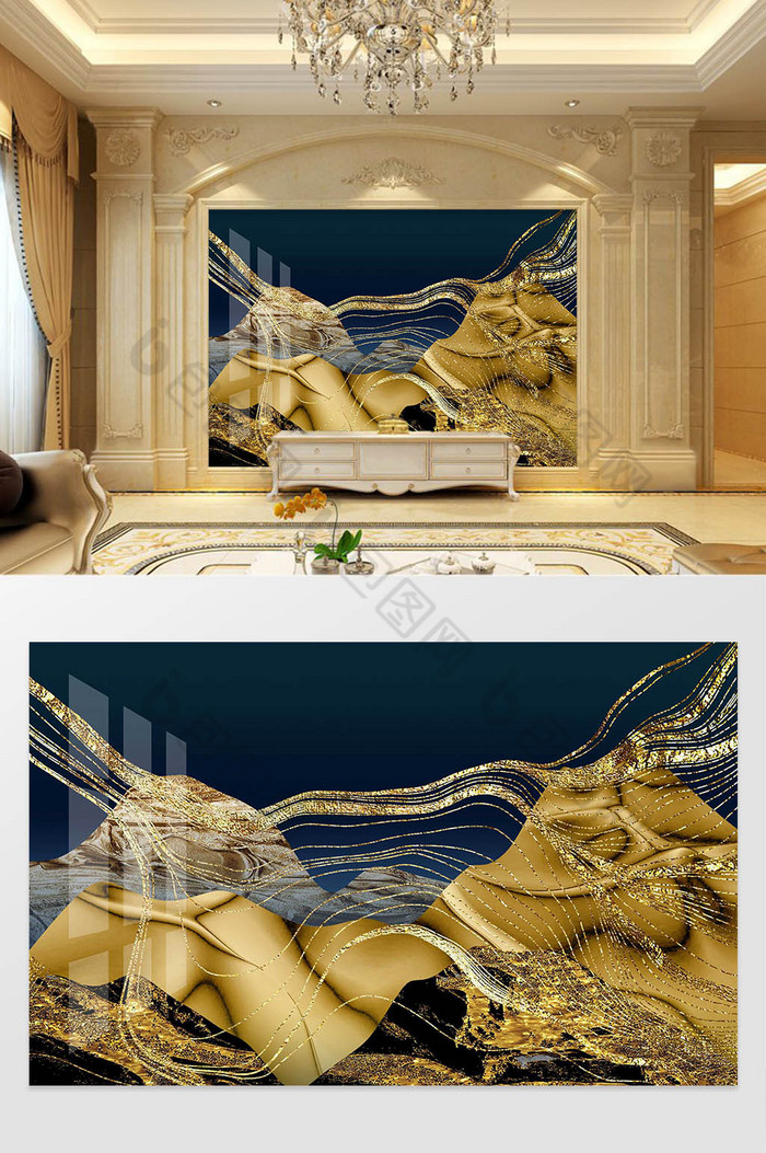 立体浮雕山水金箔抽象装饰背景墙图片图片