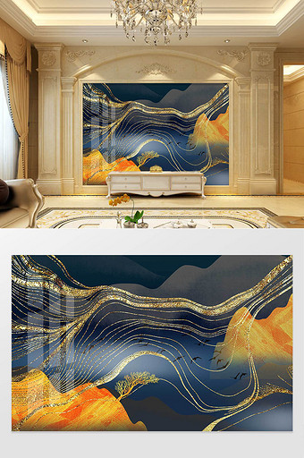 新中式山水鎏金线条国风背景墙图片
