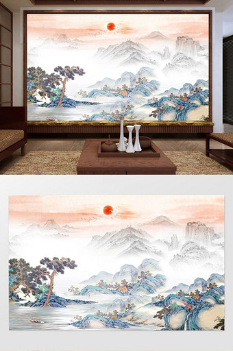 最新创意新中式国画山水背景墙图片