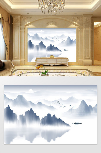 新中式水墨山水意境背景墙图片