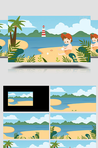 易用卡通mg动画男孩在海边捡贝壳图片