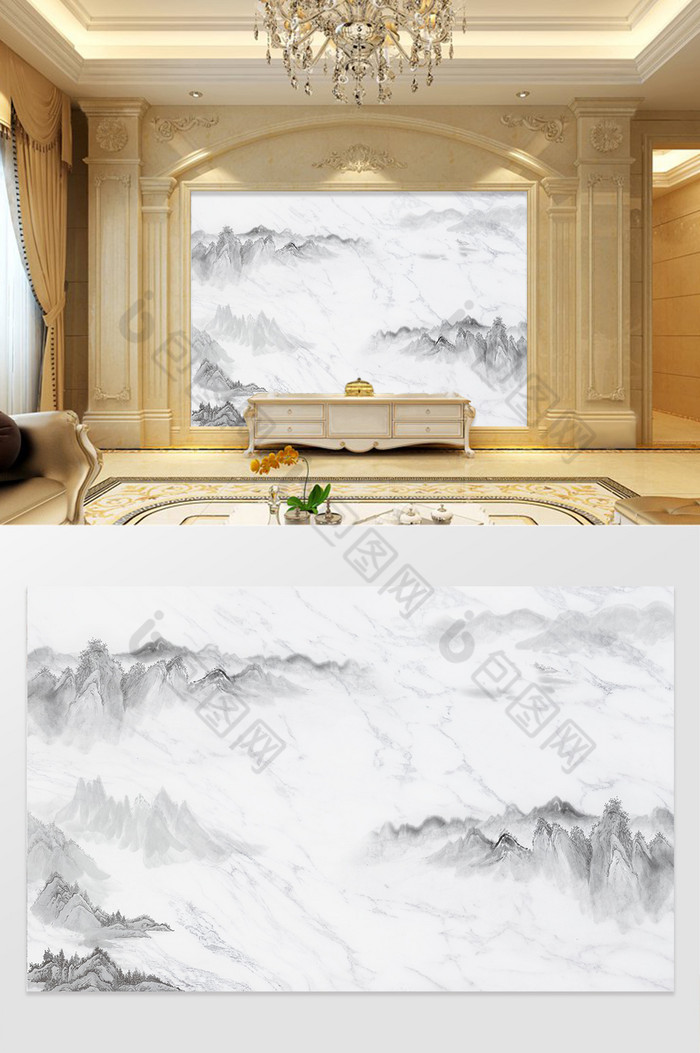 新中式水墨山水大理石纹理客厅背景墙图片图片