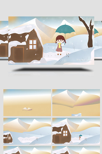 易用卡通mg动画雪天房子女孩撑伞图片