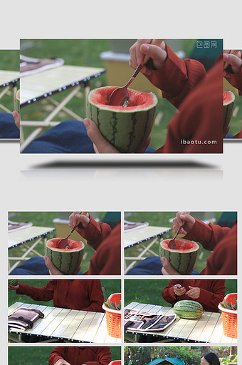 夏季露营户外美女吃西瓜切西瓜4K视频素材图片