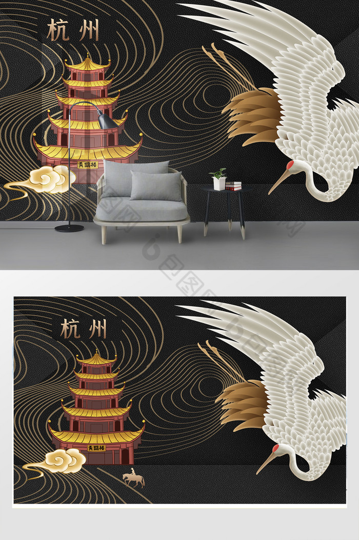 大气黑金色杭州城市地标背景墙图片图片