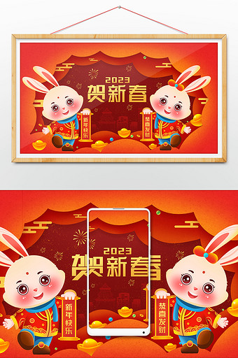 2023兔年红色喜庆福兔迎春插画图片