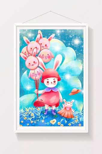 粉蓝色系梦幻卡通兔子与气球图片