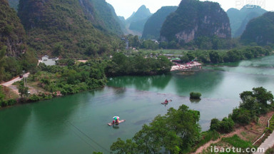 自然旅游桂林遇龙河竹筏漂流航拍