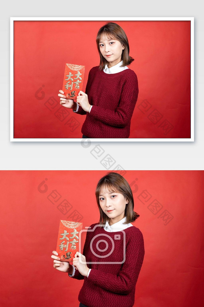 新年甜美女性手拿红包图片图片