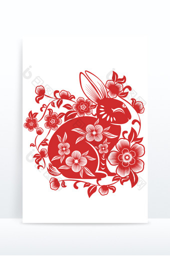 新年兔年春节窗花剪纸花卉AI图片