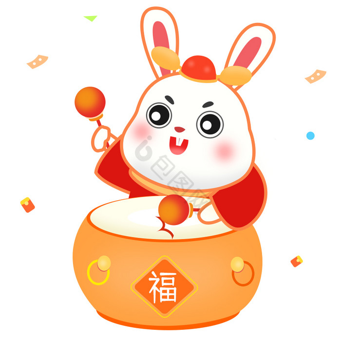 橙色卡通兔子新年打鼓GIF