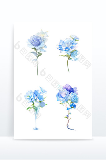 蓝色水彩蓝玫瑰鲜花花束插画元素图片