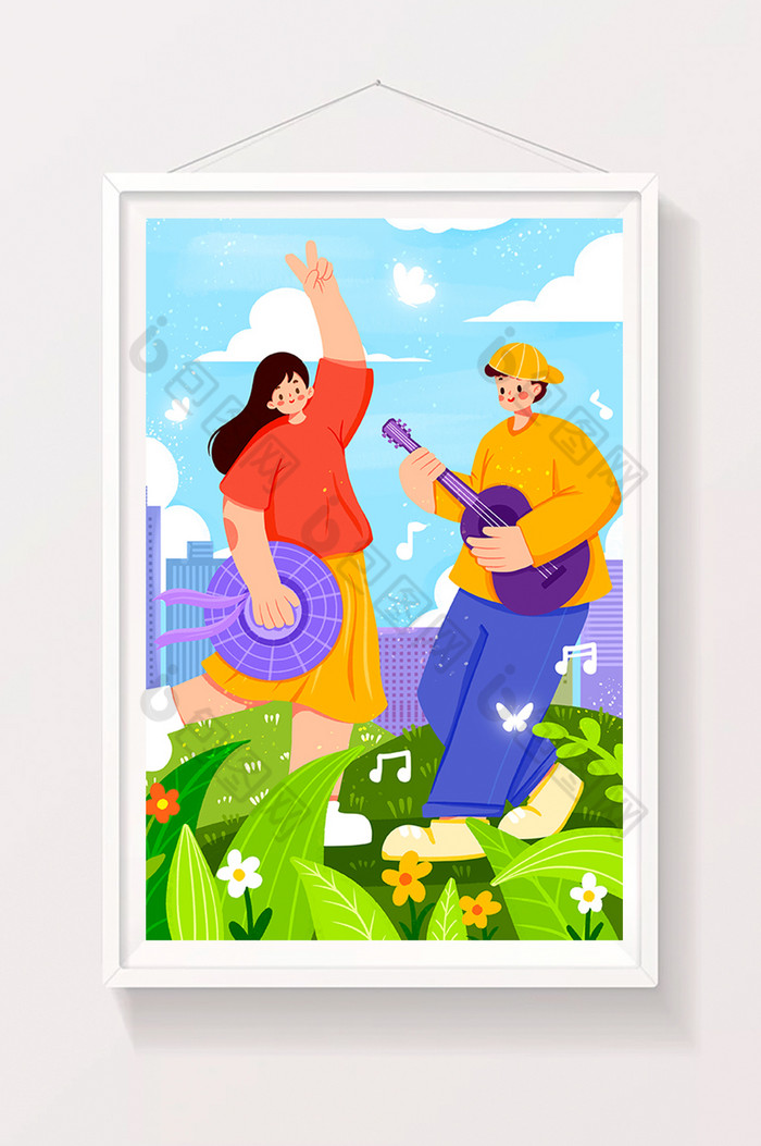 郊外玩耍弹吉他的男生和女生插画图片图片