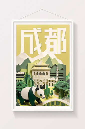 成都大熊猫回家城市剪纸数字艺术图片