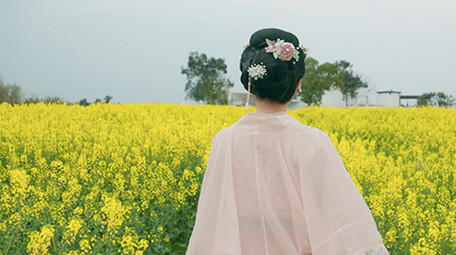 春季汉服美女在菜花田背影实拍