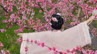 春季桃花林汉服美女自由玩耍实拍