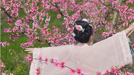 春季桃花林汉服美女自由玩耍实拍