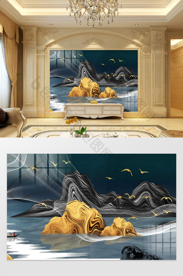 新中式山水鎏金大气背景墙图片图片