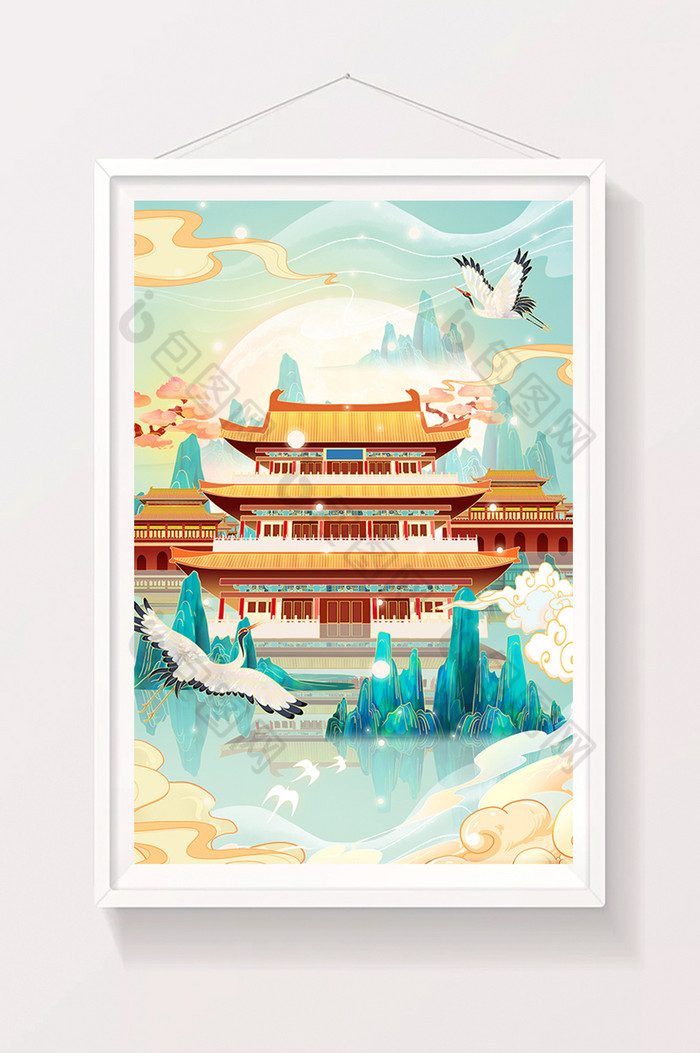 山水建筑景插画图片图片