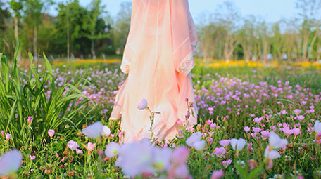 人像唯美风汉服女孩行走在花海实拍