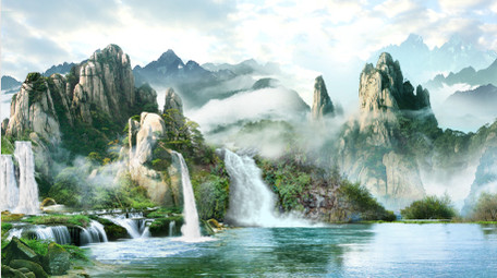 中国风山水瀑布背景视频AE模板