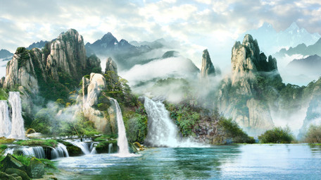 中国风山水瀑布背景视频AE模板