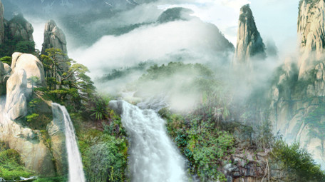 中国风山水瀑布背景视频AE模板