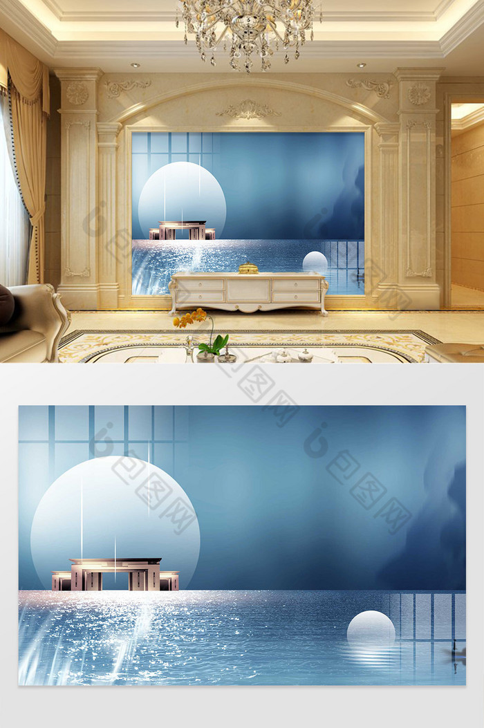 新中式蓝色山水背景墙图片图片