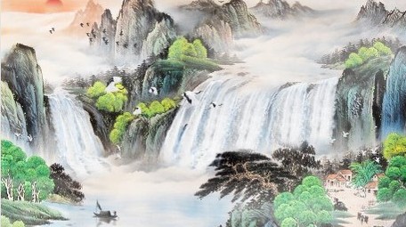 4k大气古风山水瀑布背景视频