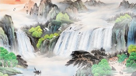 4k大气古风山水瀑布背景视频