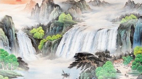 4k大气古风山水瀑布背景视频