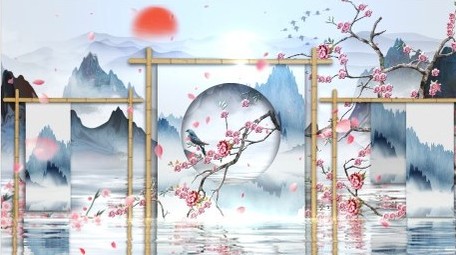 古风山水屏风桃花飞舞背景