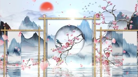 古风山水屏风桃花飞舞背景