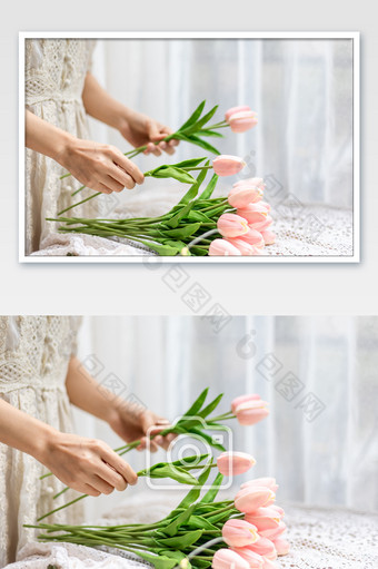 正在插花的女生整理花朵图片