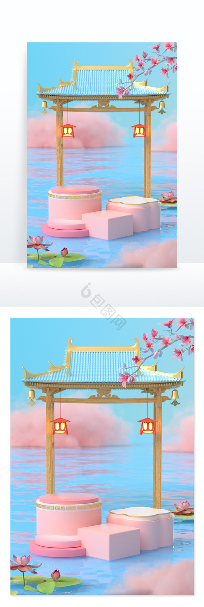 c4d古风夏日中国风水面展台