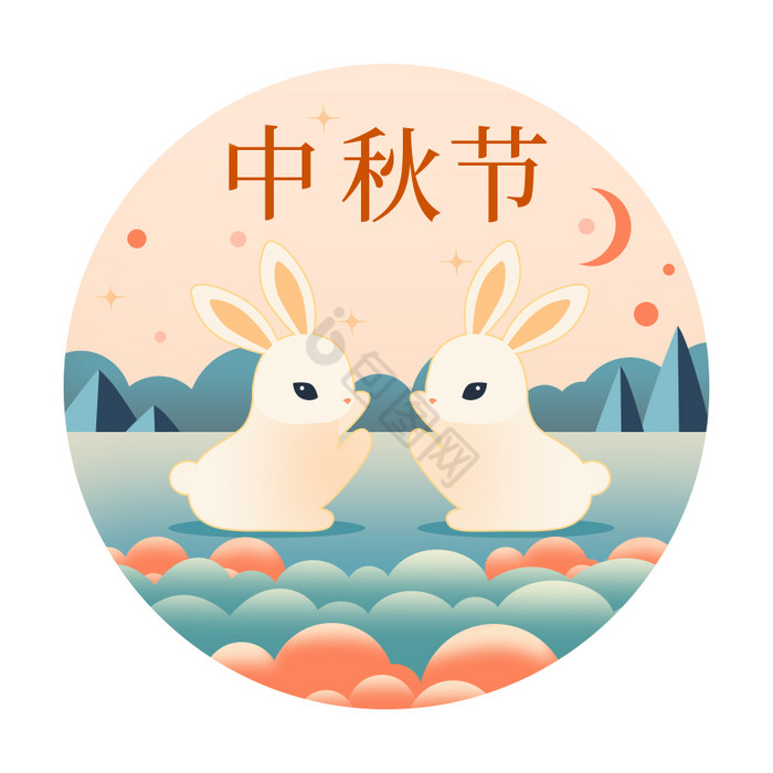 蓝色中秋节可爱兔子背景GIF
