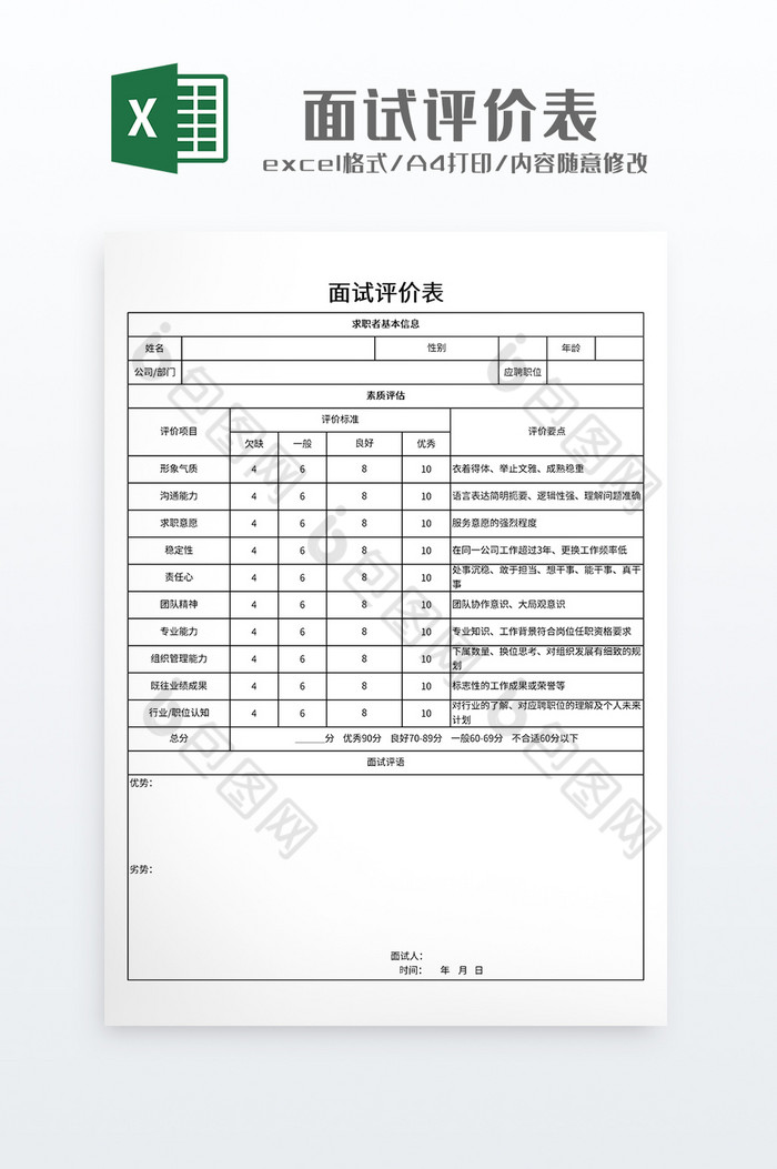 极简风格面试评价表图片图片