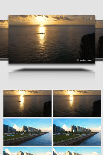 海口拾贝公园清晨日出航拍空镜图片