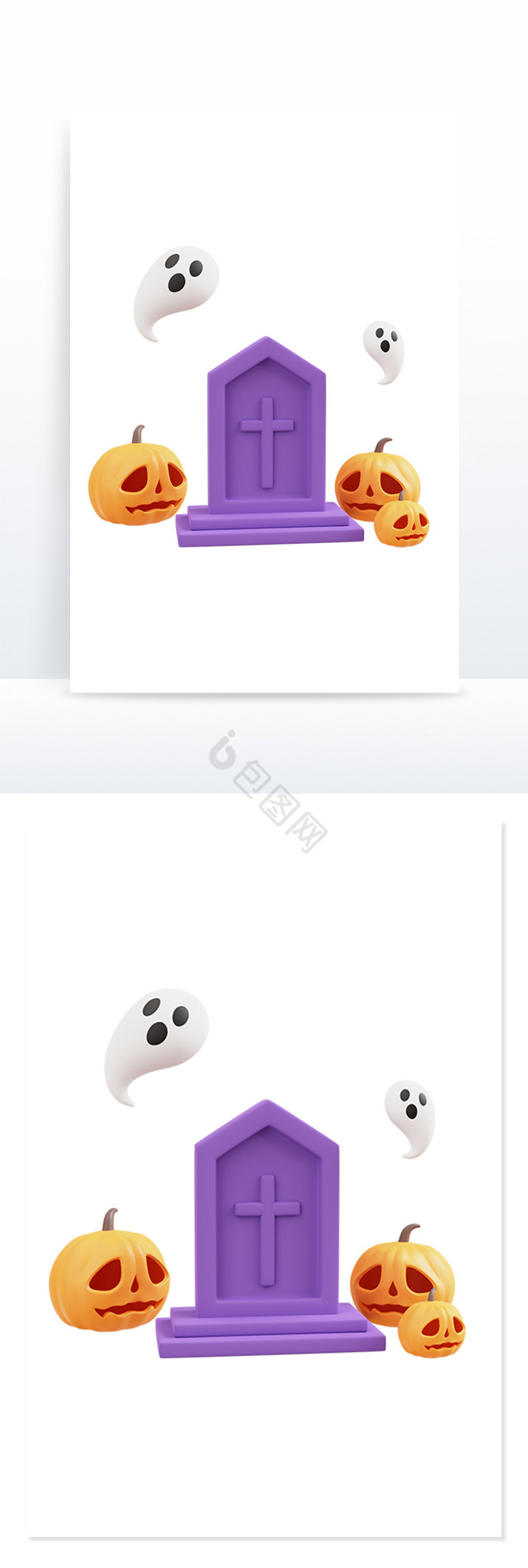 3D万圣节组合南瓜灯鬼魂墓碑