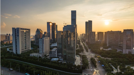 城市西安高新CBD全景晚霞日落